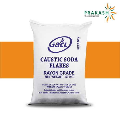 Prakash chemicals agencies Gujarat Caustic soda Flakes, NaOH, 25/50 kg HOPE bags with inner HM-HDPE liner, brand offered - GACL
