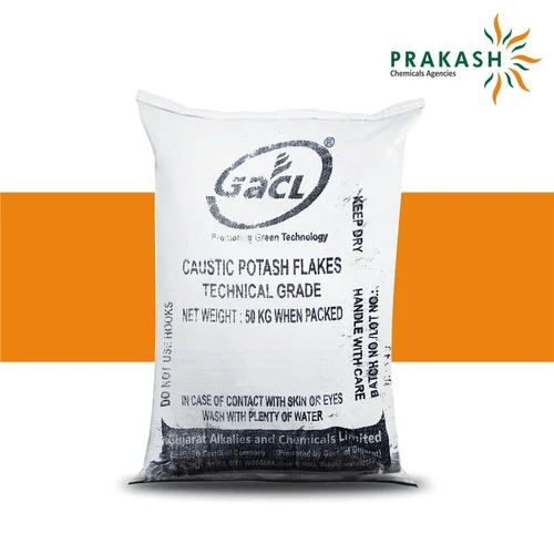 Prakash chemicals agencies Gujarat Caustic Potash Flakes, KOH, 25/5O kg HDPE weave bags with inner HM-HOPE liner, brand offered - GACL